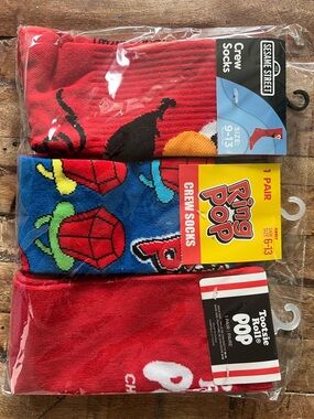 NWT Retro Candy & Sesame Street Elmo Crew Socks Bundle Ring Pop Tootsie Pop 3pk